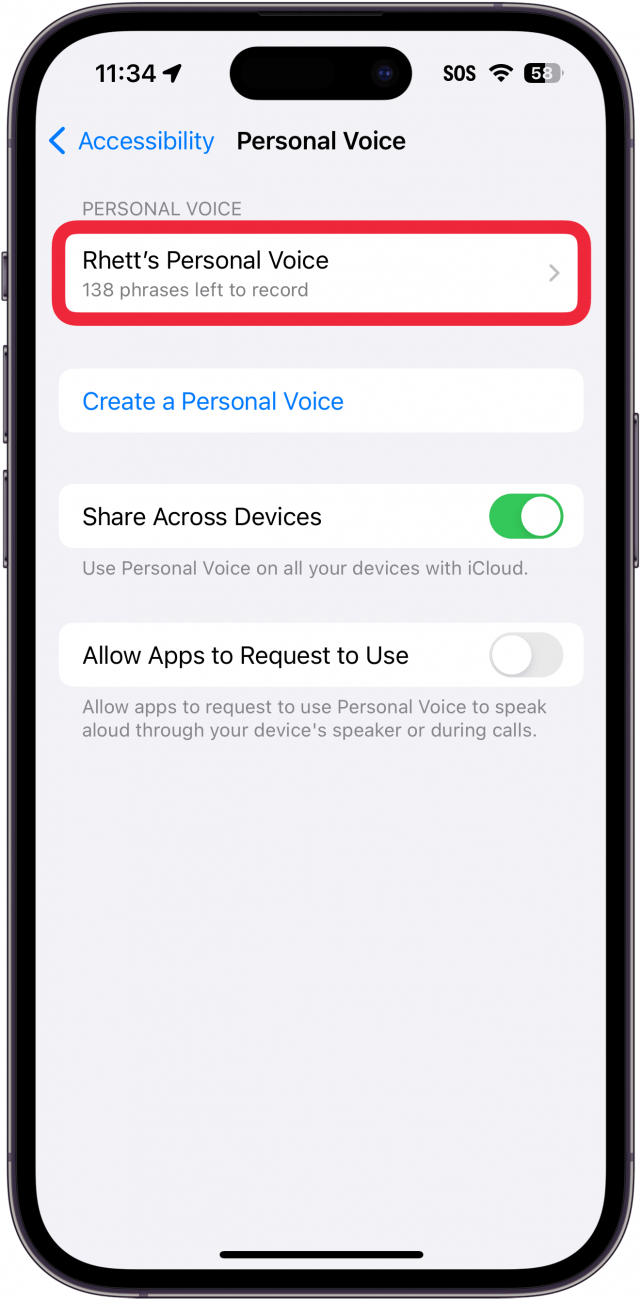 iphone personal voice settings with a red box around an in-progress personal voice recording