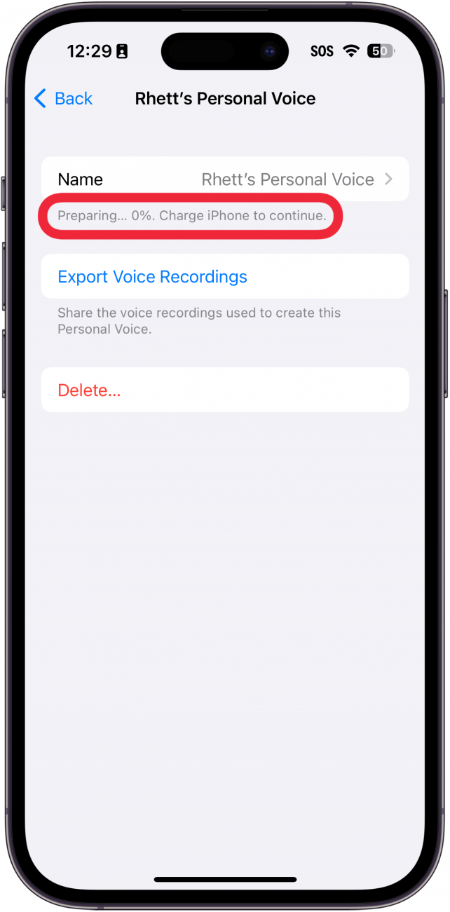 iphone personal voice settings with a red box around the progress percentage under the user's personal voice recording. It reads, "Preparing... 0%. Charge iPhone to continue."