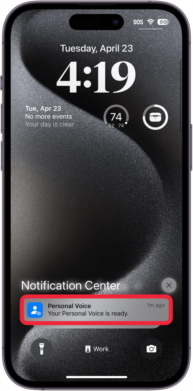 iphone notification center displaying a notification from personal voice, letting the user know that their personal voice is ready