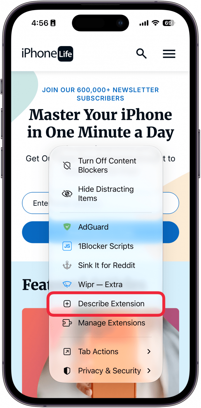 a screenshot of safari on iphone displaying the page menu with a red box around describe extension