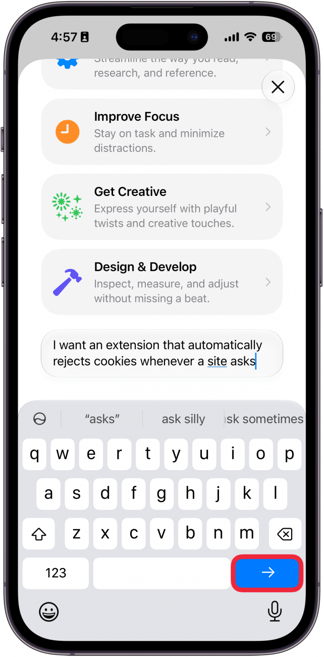 a screenshot of the describe an extension feature in safari on iphone displaying the description of an extension with a red box aroun the send key on the keyboard