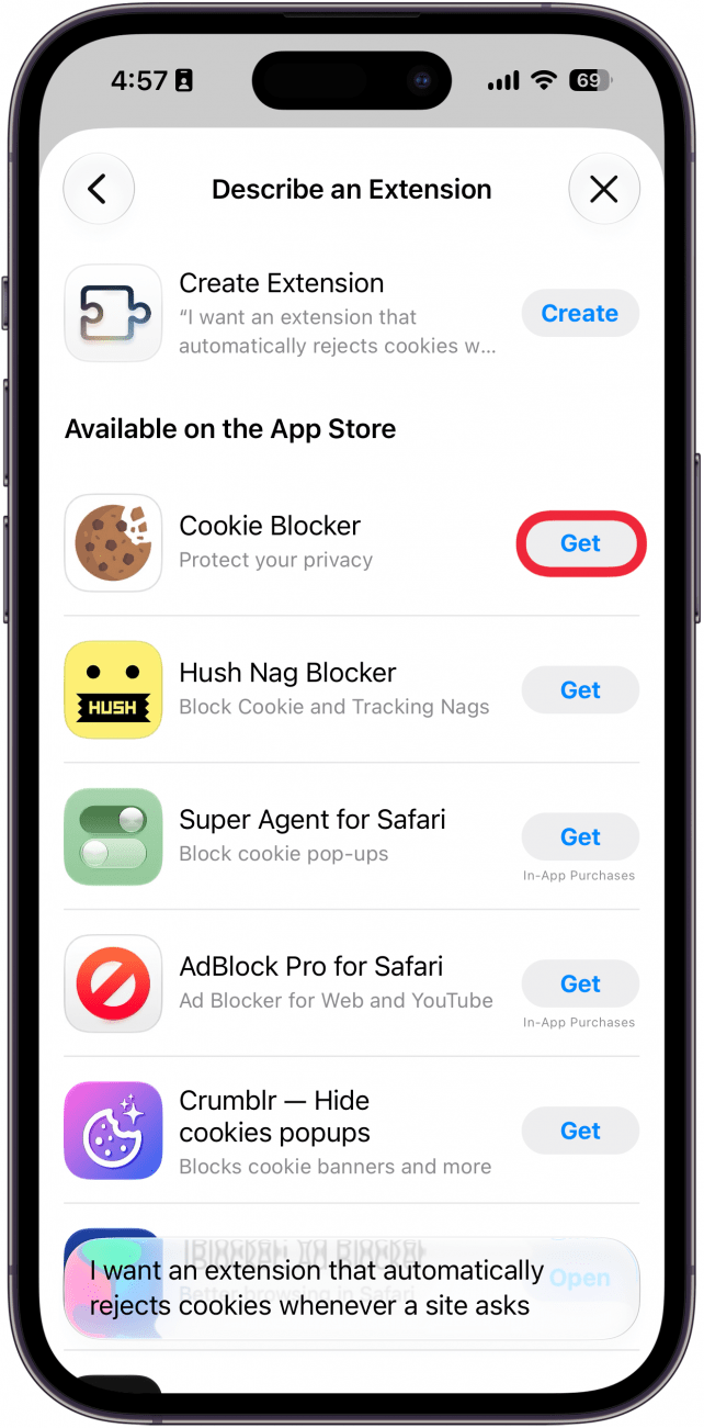 a screenshot of the describe an extension feature in safari on iphone displaying a list of extensions available on the app store with a red box around the get button