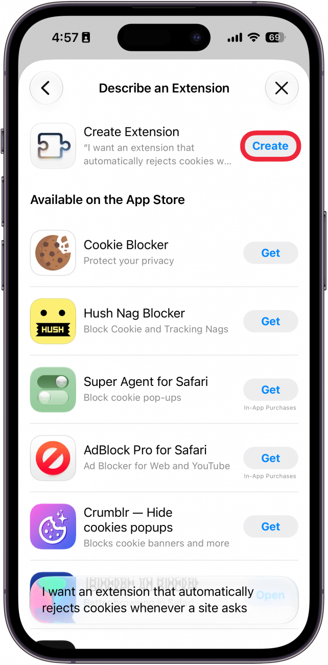 a screenshot of the describe an extension feature in safari on iphone displaying the option to create an extension with a red box around the create button