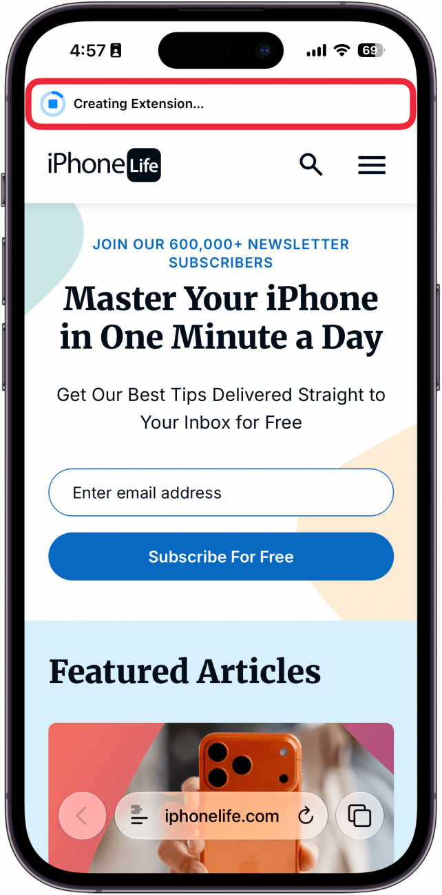 a screenshot of safari on iphone with a red box around a banner at the top of the screen with a progress bar for a created extension
