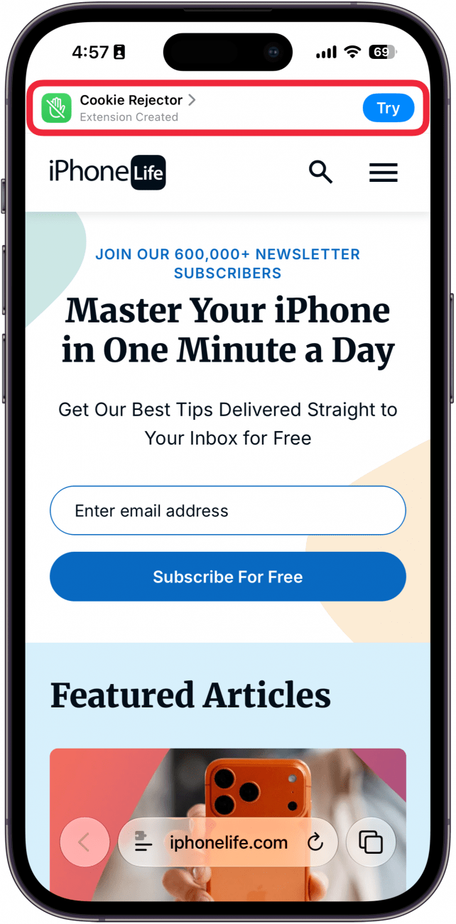 a screenshot of safari on iphone with a red box around a banner for a recently created extension with a button that says try