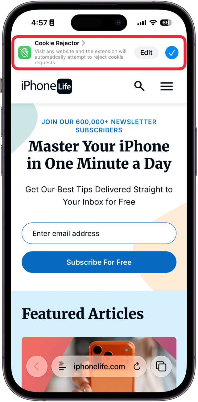 a screenshot of safari on iphone with a red box around a banner for a recently created extension with options for edit or a checkmark which dismisses the banner