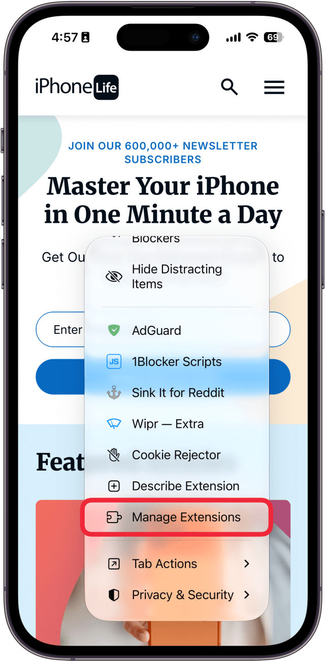 a screenshot of safari on iphone displaying the page menu with a red box around manage extensions
