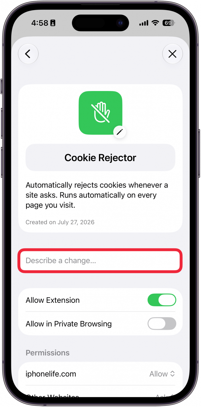 a screenshot of safari on iphone displaying the details for a user created extension with a red box around the describe a change button