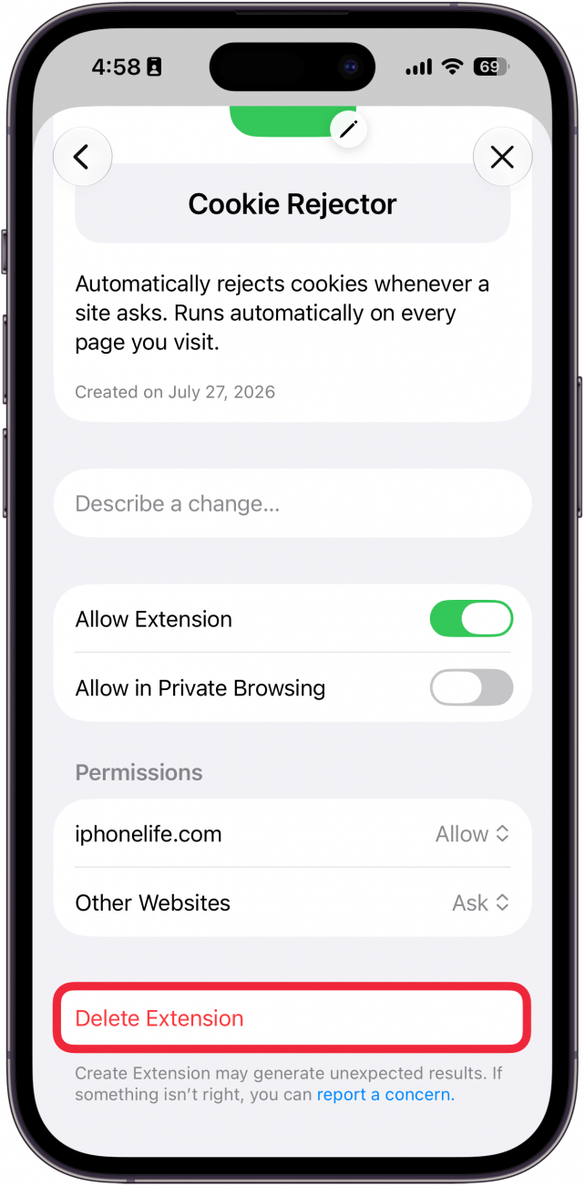a screenshot of safari on iphone displaying the details for a user created extension with a red box around the delete extension button