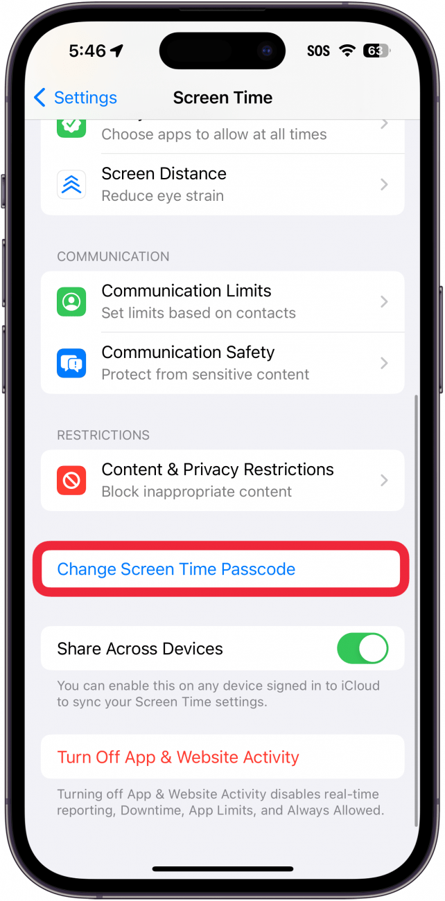 iphone screen time settings with a red box around change screen time passcode