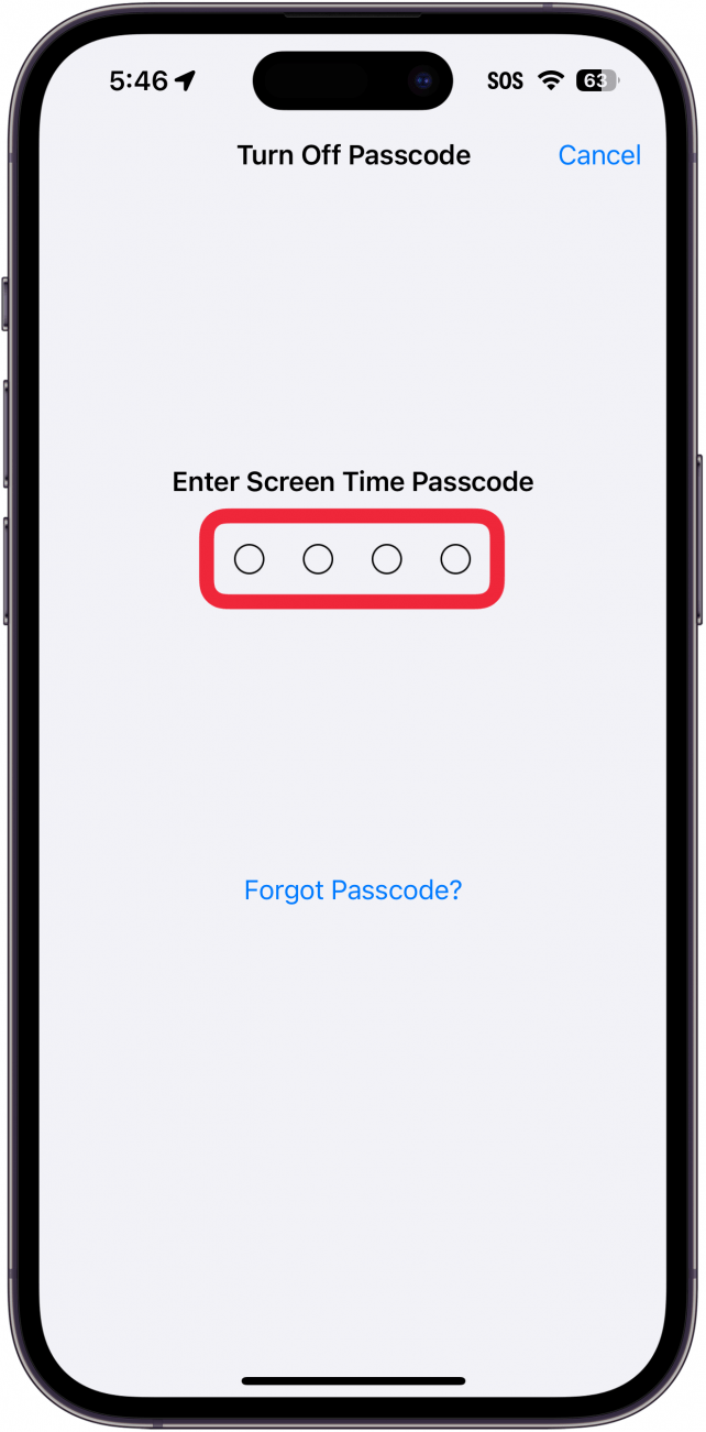 iphone screen time settings prompting the user to enter their passcode