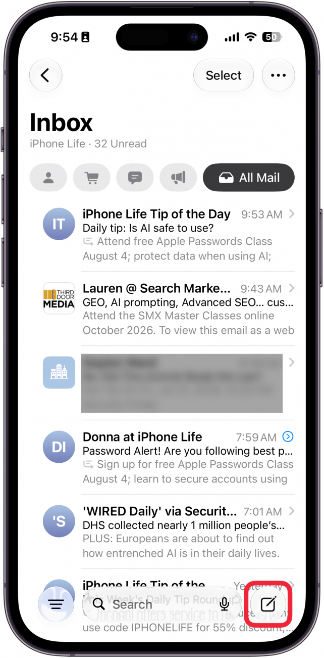 a screenshot of the mail app on iphone with a red box around the new email button