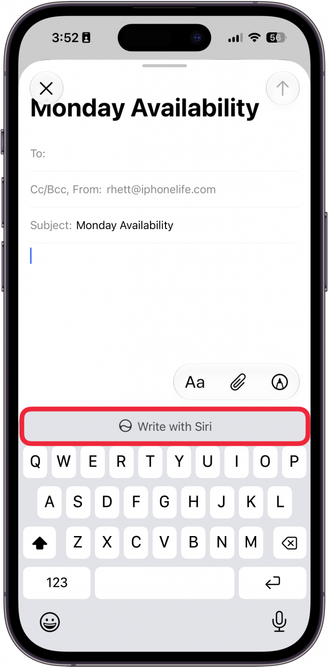 a screenshot of the mail app on iphone with a red box around the write with siri button