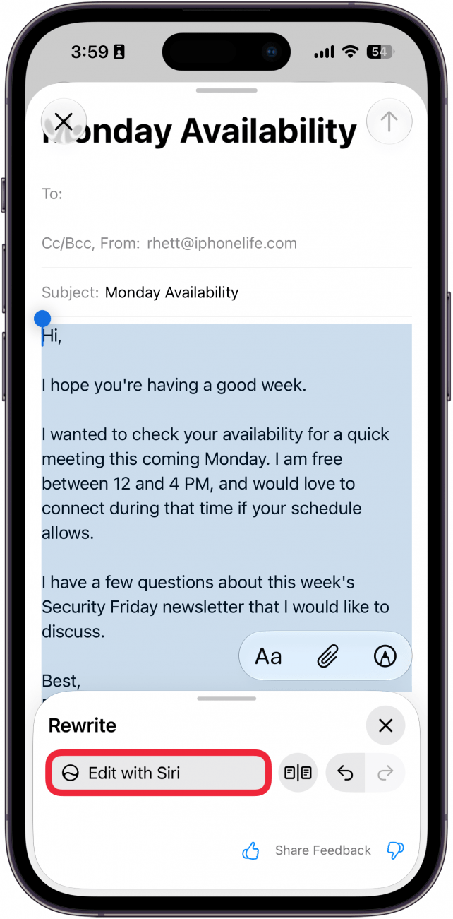 a screenshot of the mail app on iphone with an email written out with a red box around the edit with siri button
