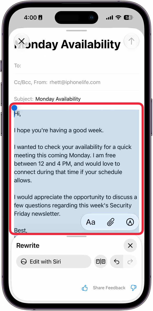 a screenshot of the mail app on iphone with a red box around an email written by Siri ai