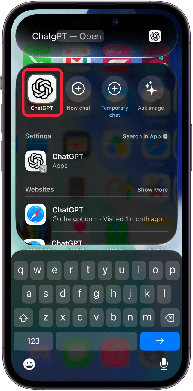 a screenshot of the home screen on iphone displaying a search with a red box around the chatgpt app