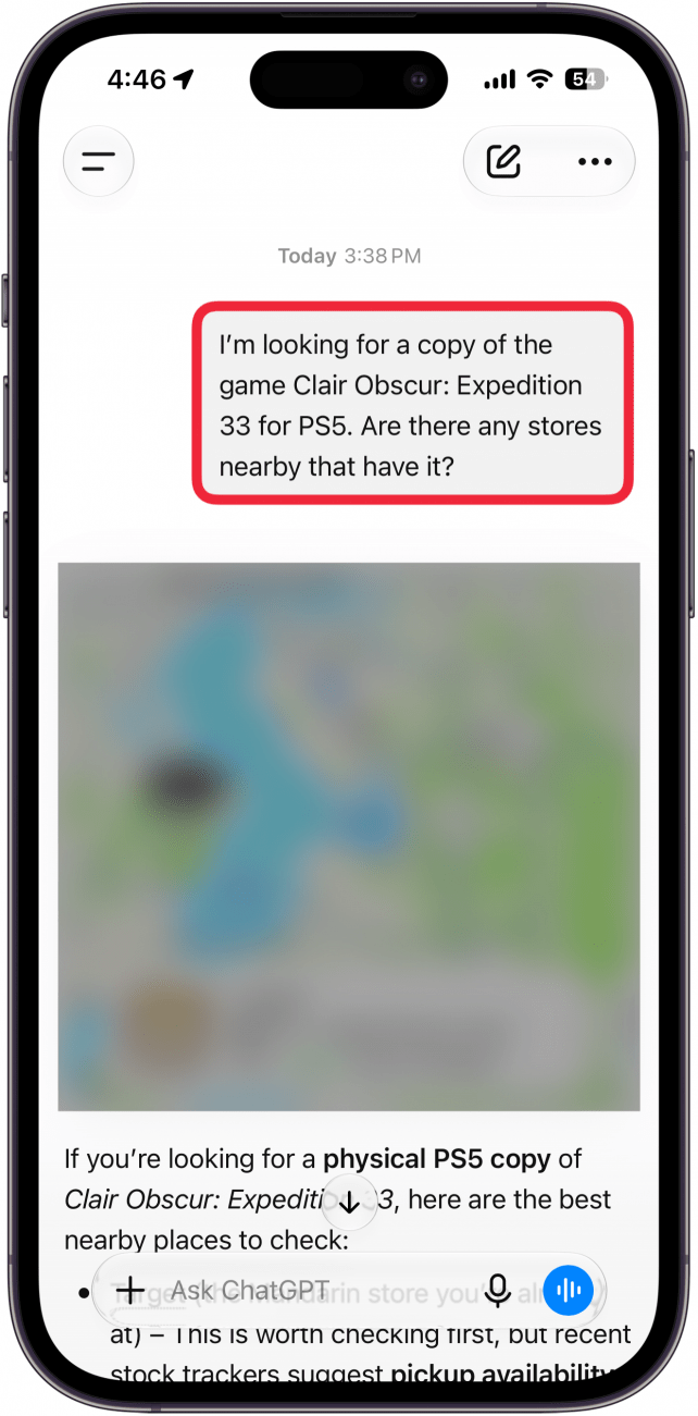 a screenshot of chatgpt on iphone displaying a prompt asking for stores with a product in stock