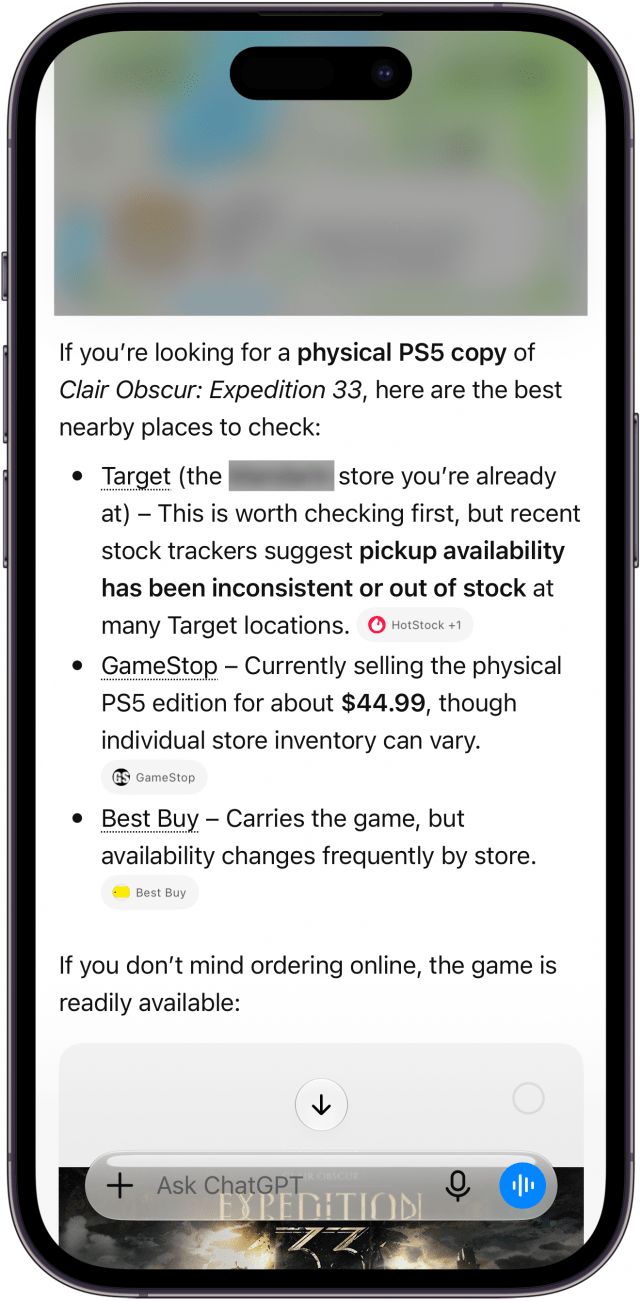 a screenshot of chatgpt on iphone displaying a response from chatgpt with a list of stores that have the product in stock