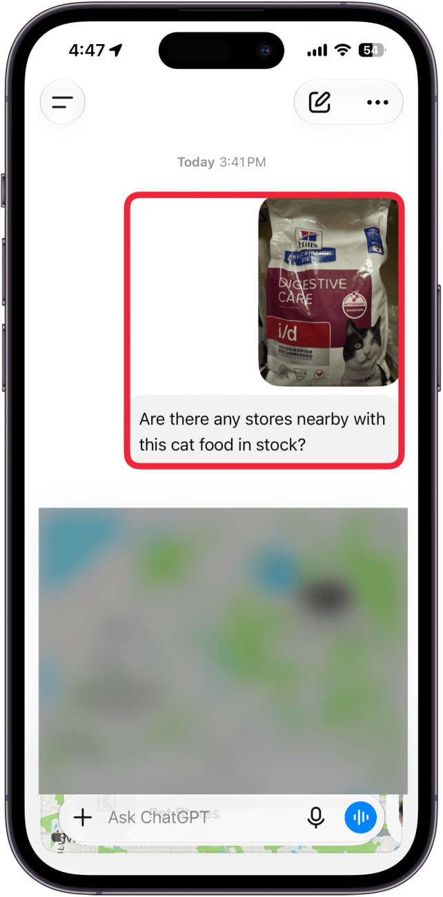 a screenshot of chatgpt on iphone displaying a prompt with an attached photo asking for stores with the pictured product in stock