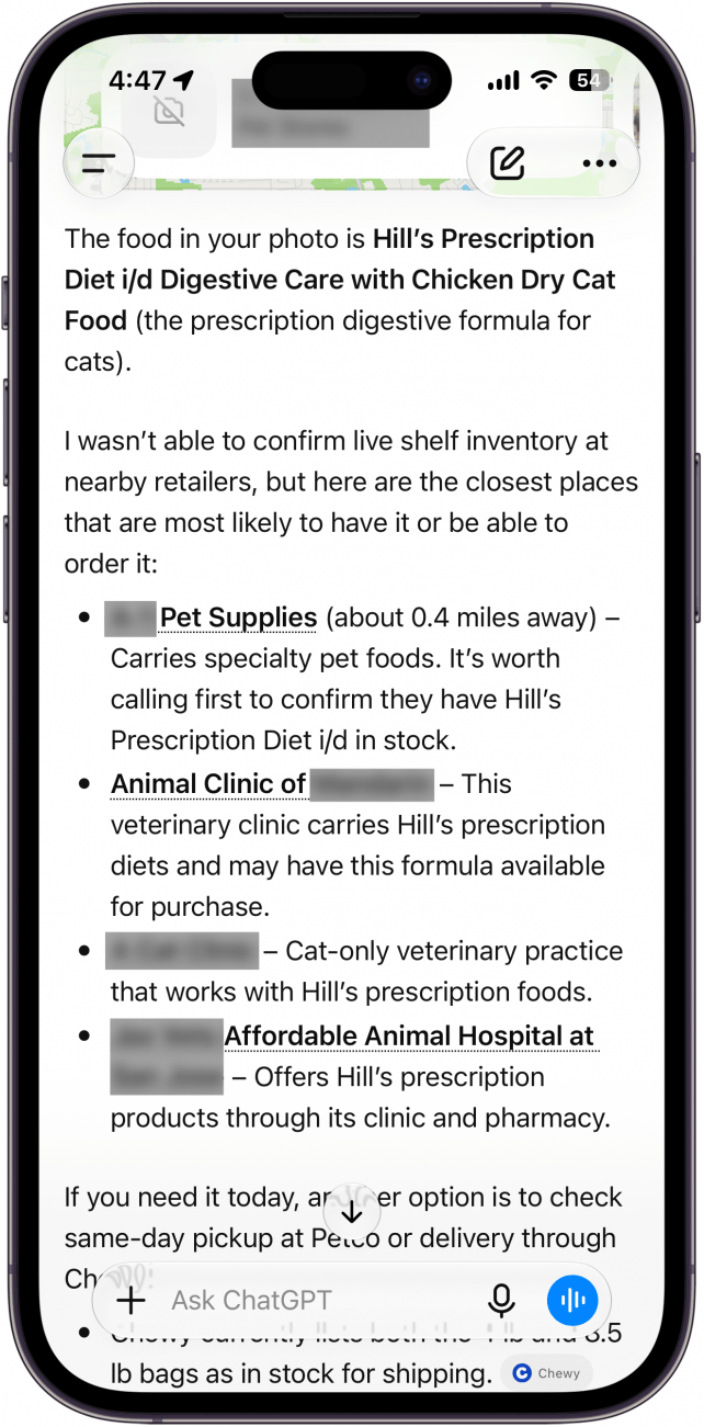 a screenshot of chatgpt on iphone displaying a list of stores that might have the product in stock
