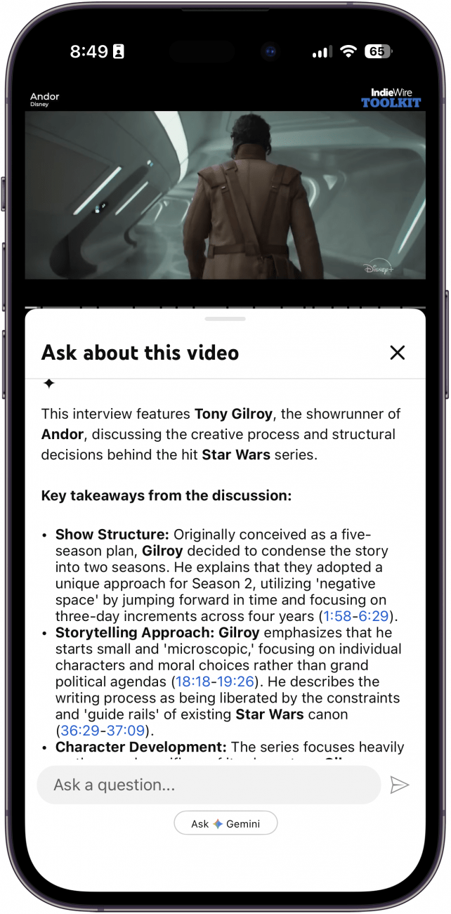 a screenshot of the youtube app with gemini open and a summary of the video