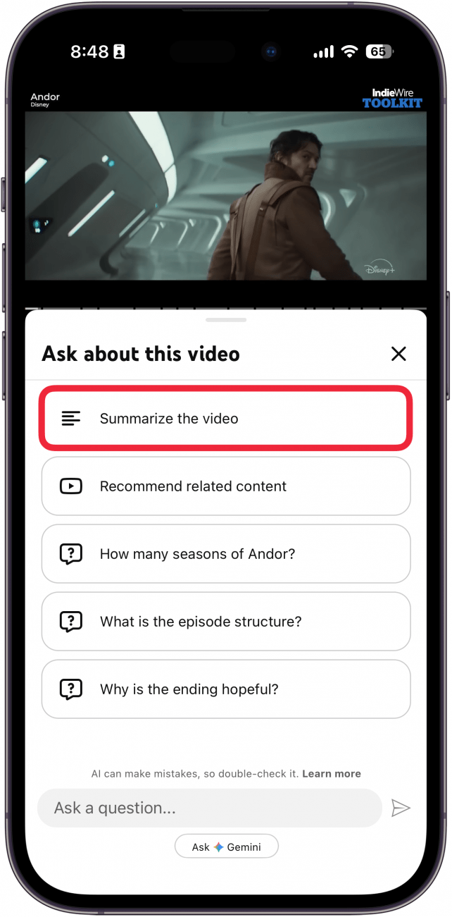 a screenshot of the youtube app with gemini open and a red box around the summarize video button