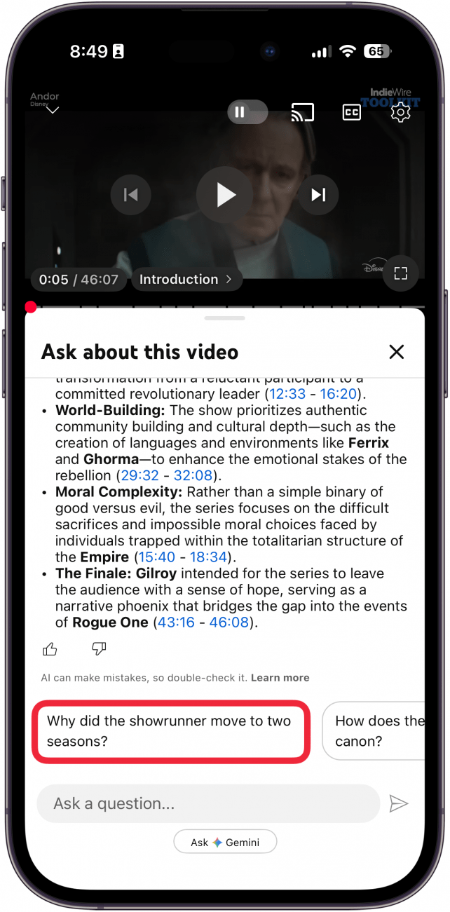 a screenshot of the youtube app disaplying gemini with a summary of the video and a red box around an extra question that AI has suggested