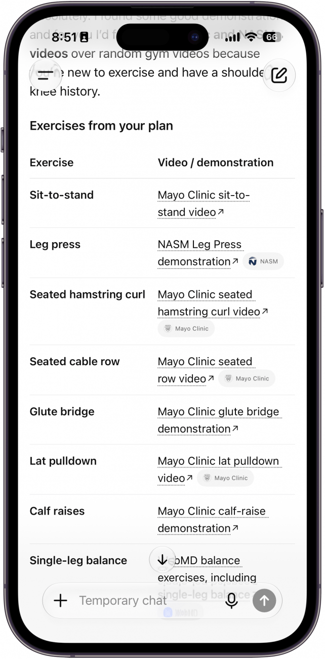 a screenshot of chatgpt displaying a list of exercise videos