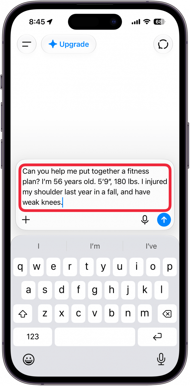a screenshot of chatgpt with a red box around the prompt in which the user is telling the ai about their current age and health