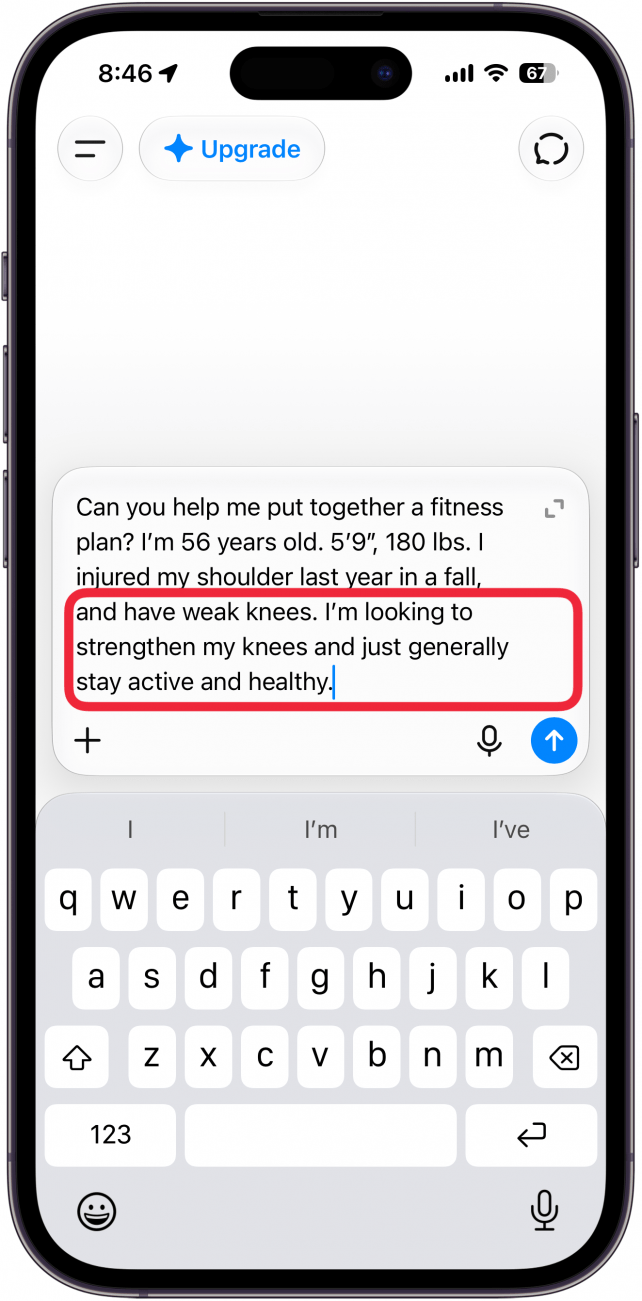 a screenshot of chatgpt with a red box around the prompt in which the user is telling the ai about their fitness goals