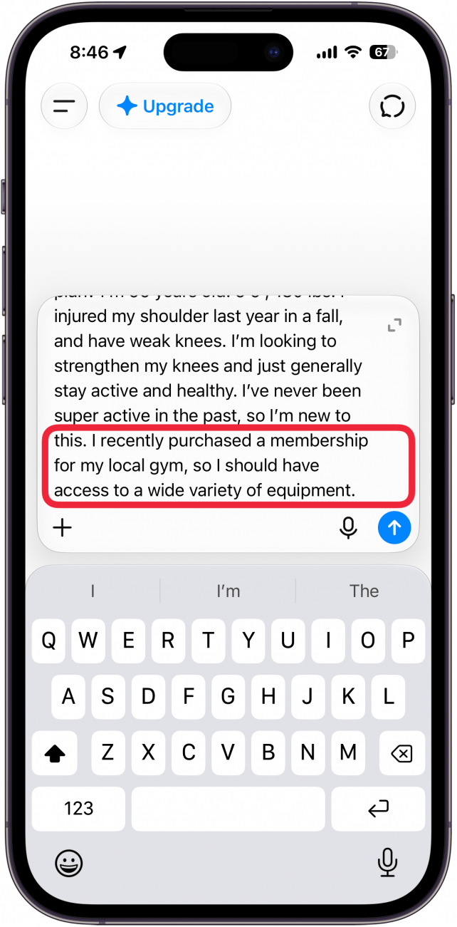 a screenshot of chatgpt with a red box around the prompt in which the user is telling the ai about the exercise equipment available to them