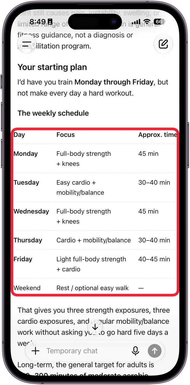 a screenshot of chatgpt on iphone with a red box around a workout schedule created by the ai