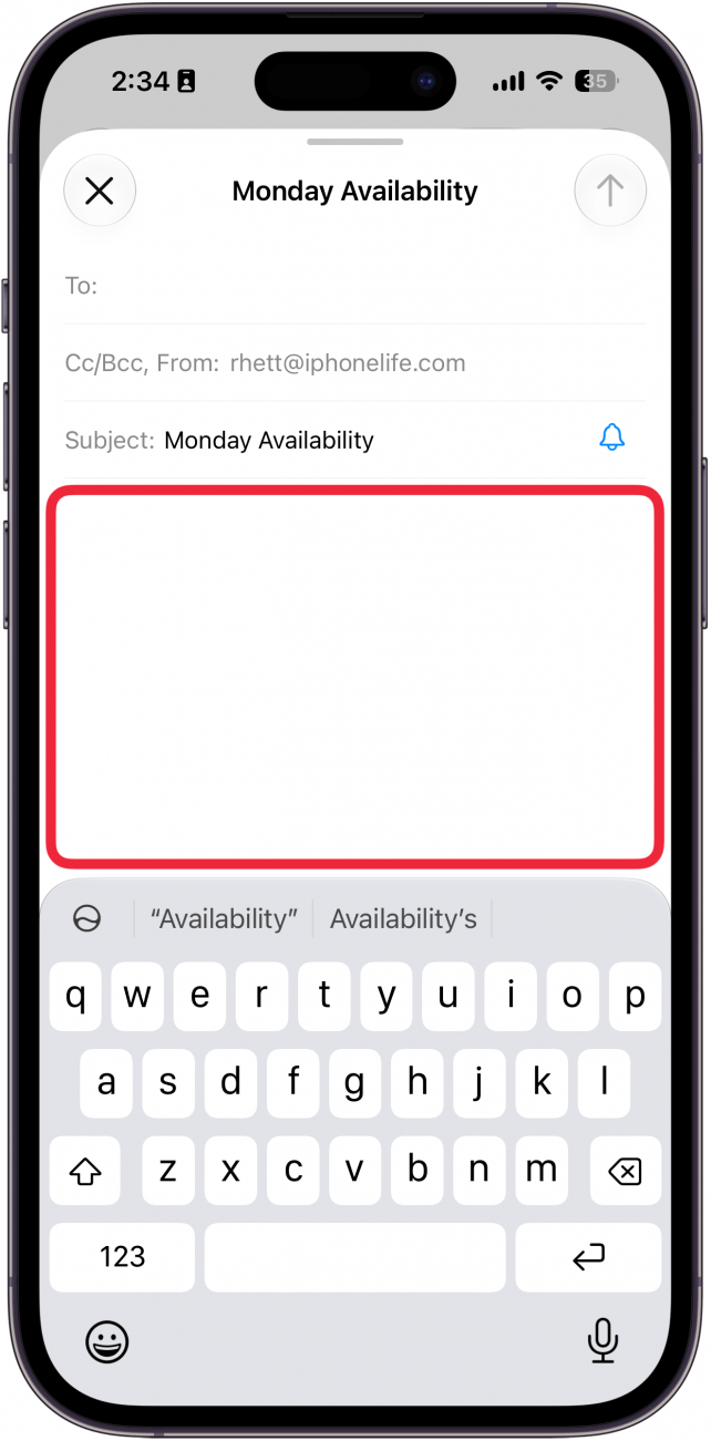 a screenshot of the mail app on iphone with a red box around the body field of the email