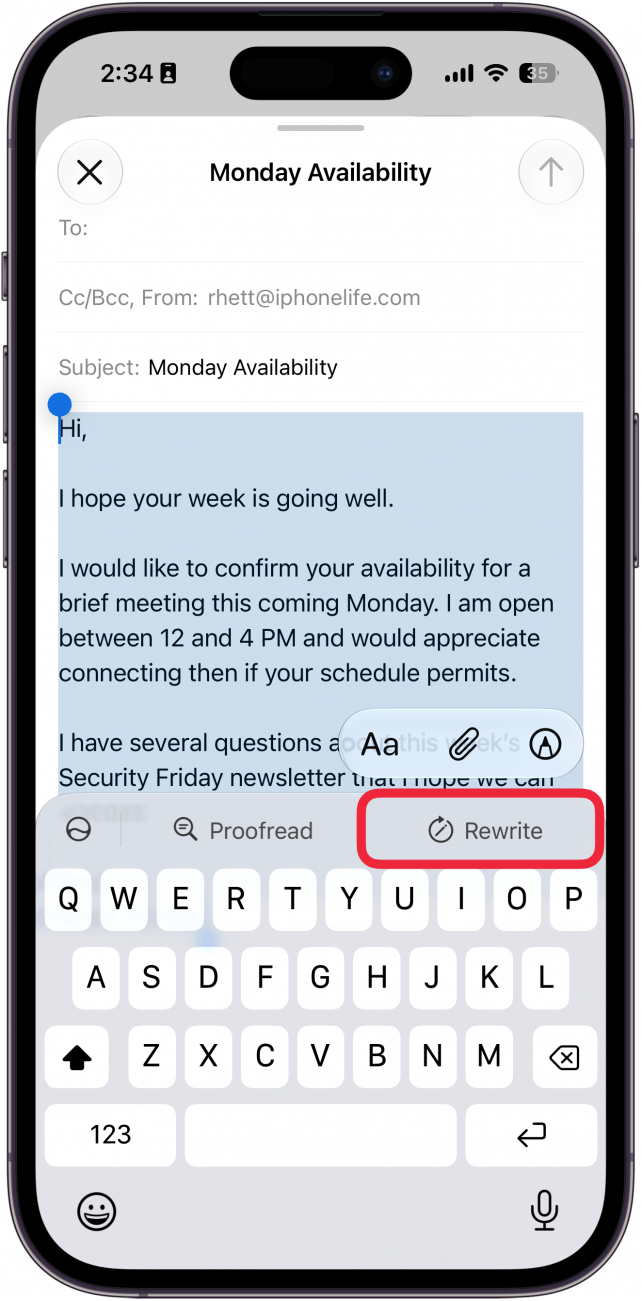 a screenshot of the mail app on iphone with an email written out with a red box the rewrite button