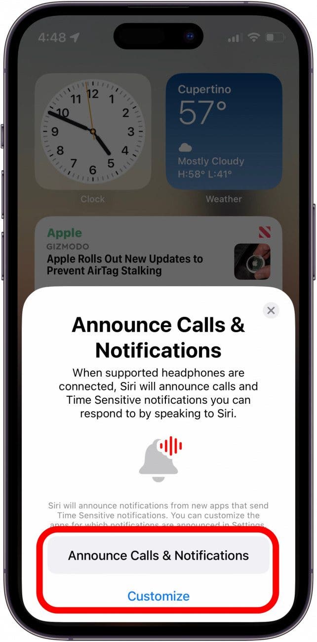 Select whether you'd like your AirPods to Announce Calls & Notifications. You can also tap Customize to personalize which notifications are announced.