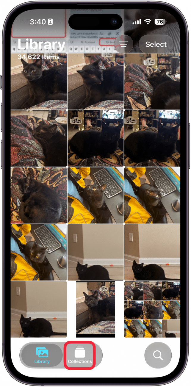 a screenshot of the photos app on iphone with a red box around the collections icon