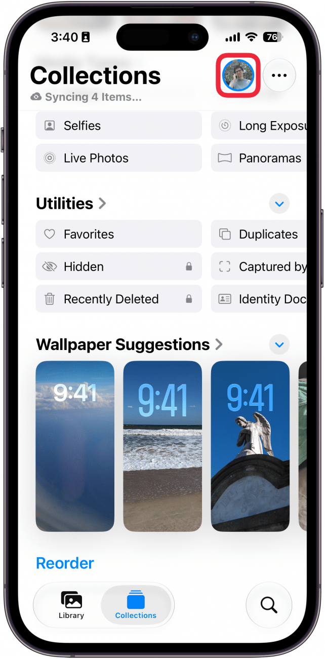 a screensot of the photos app on iphone displaying the collections tab with a red box around the profile icon in the upper right corner