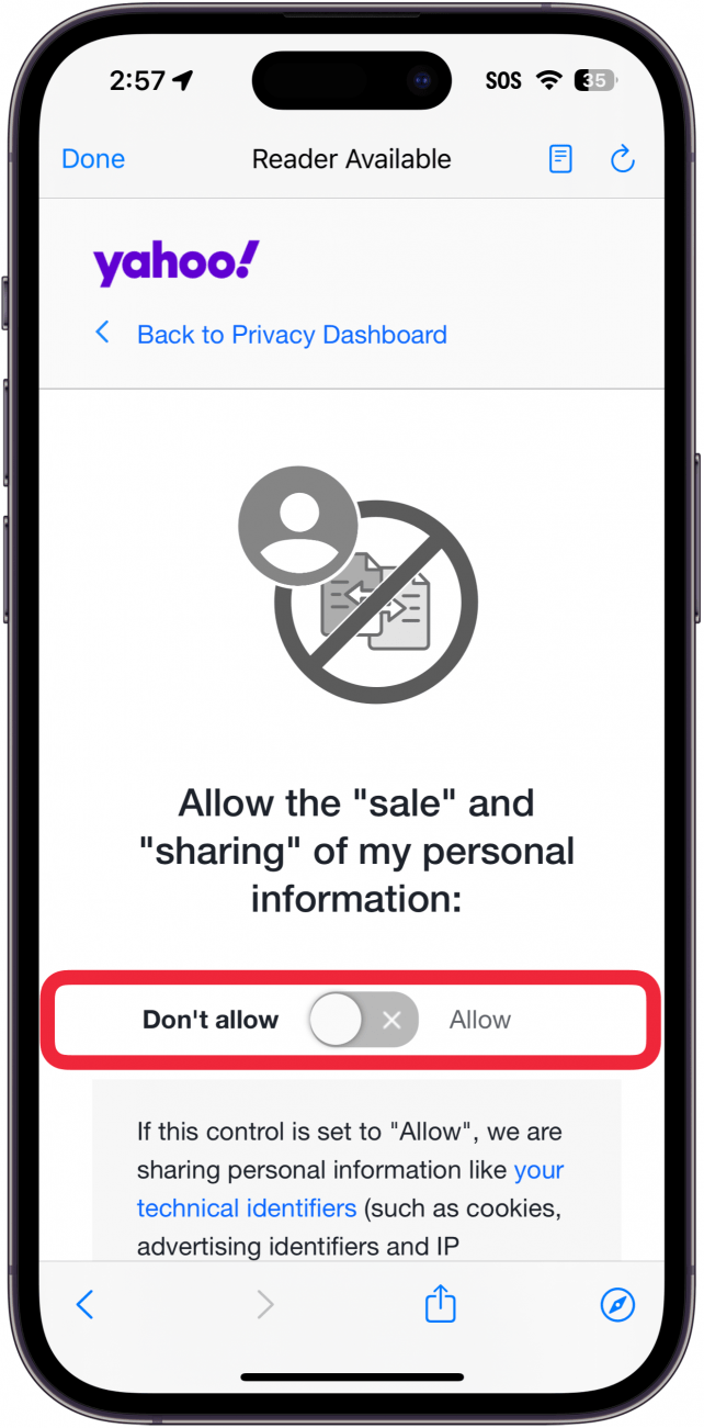 iphone yahoo mail app Manage Selling and Sharing Information settings with a red box around a gray toggle, indicating that the sale of the users information is no longer allowed