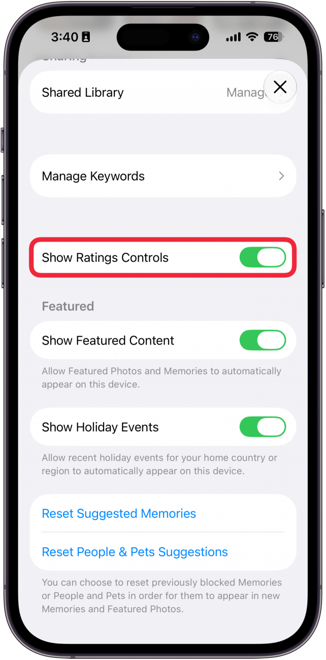 a screenshot of photos app settings on iphone with a red box around the show rating controls toggle