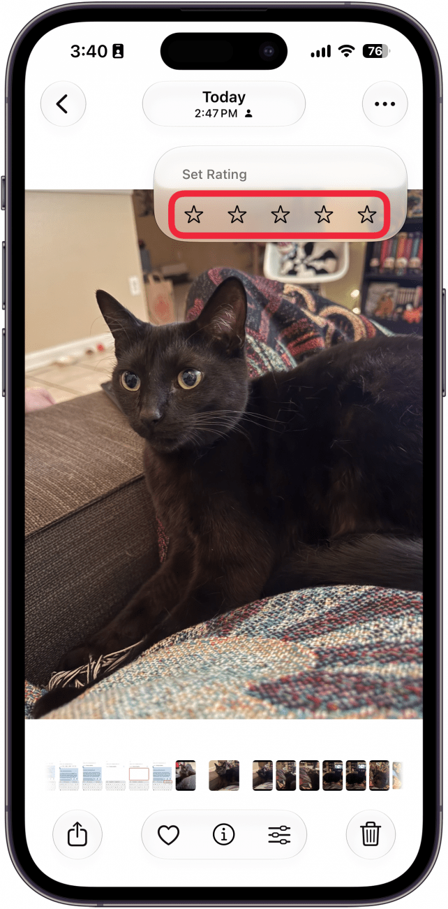 a screenshot of the photos app on iphone displaying a photo of a cat with a red box around a five star rating