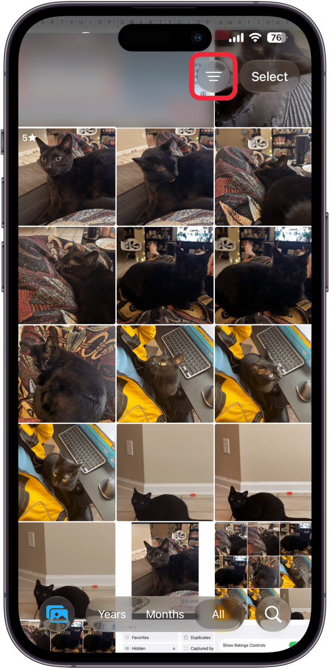 a screenshot of the photo library on an iphone with a red box around the filter icon
