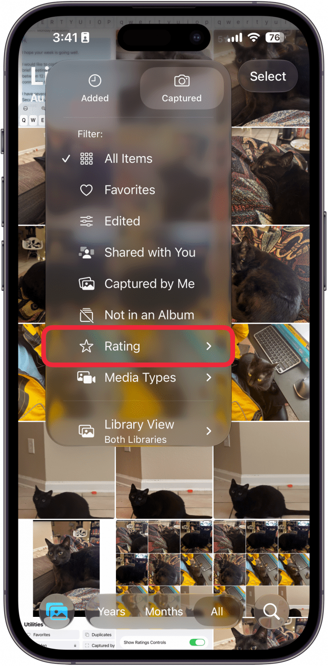 a screenshot of the photo library on iphone displaying filter options with a red box around rating