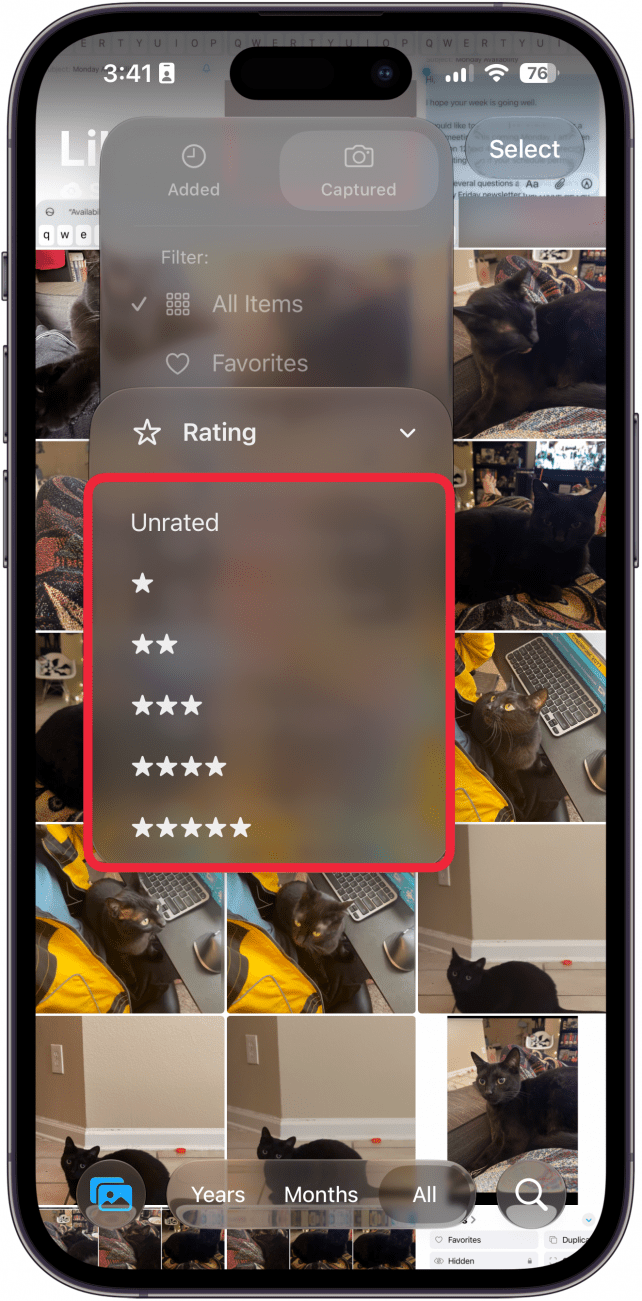 a screenshot of the photo library on iphone displaying star rating filter options with a redbox around the different star ratings