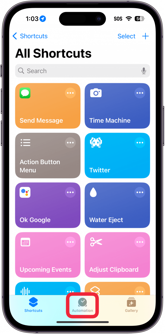 iphone shortcuts app with a red box around automations tab at the bottom of the screen