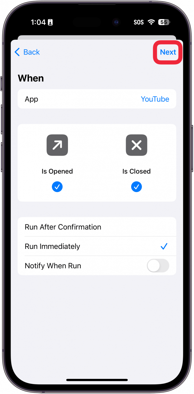 iphone shortcuts app automation set up with a red box around next button