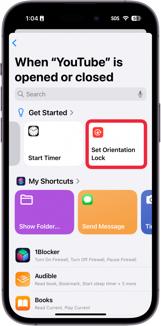 iphone shortcuts app automation set up with a red box around set orientation lock option