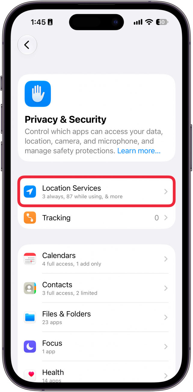 a screenshot of iphone privacy and security settings with a red box around location services
