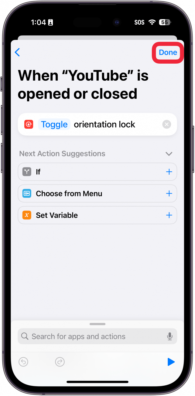 iphone shortcuts app automation set up with a red box around done button