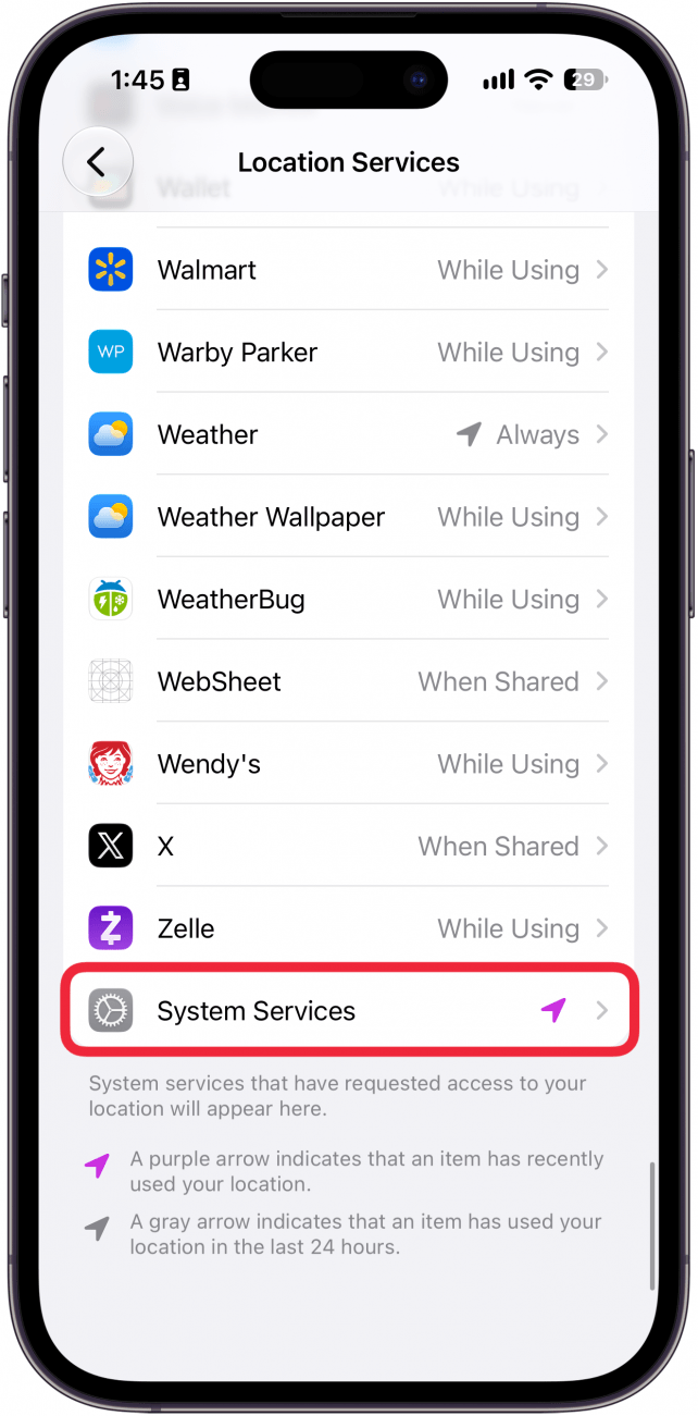 a screenshot of iphone location services settings with a red box around system services