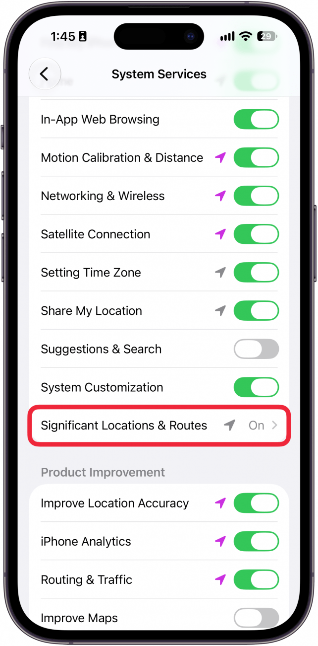 a screenshot of iphone system services location settings with a red box around significant locations